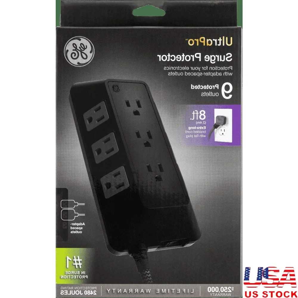 9-Outlet Surge Protector Power Strip 8ft Braided Cord Flat Plug Multi-Side Design Ideal Electronics Appliances Home Office