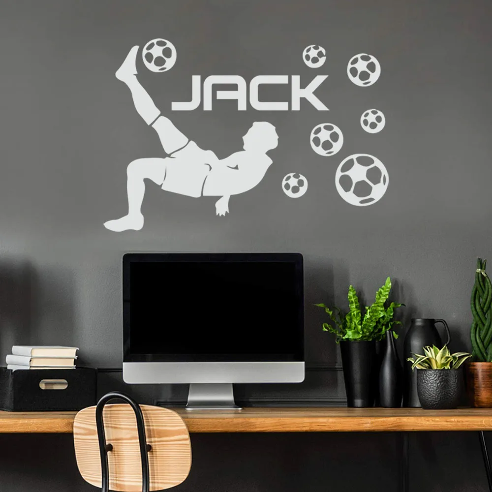 1pc Fashion Custom Name Boy Playing Football Wall Stickers Waterproof Wall Art Decal Bedroom Decor Wall Decoration Murals