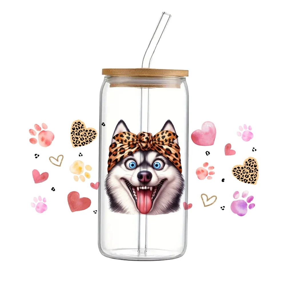 Pets Puppy For Libbey 11x24cm Cute 16oz Can Glass 3D Waterproof UV DTF Coffee Can Wrap Libbey Glass Wrap