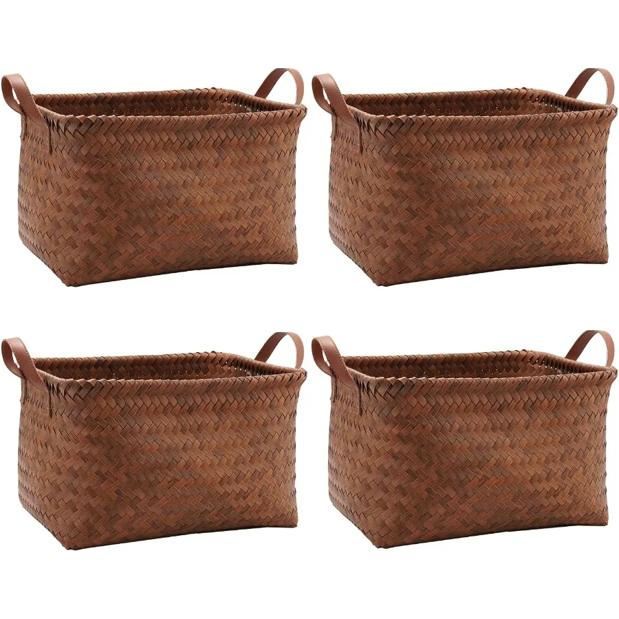 GIB Wicker Storage Baskets for Shelves with Handles 4 Pack 15"x11" Hand Woven Decorative Rectanguler Baskets Bins Organizer for
