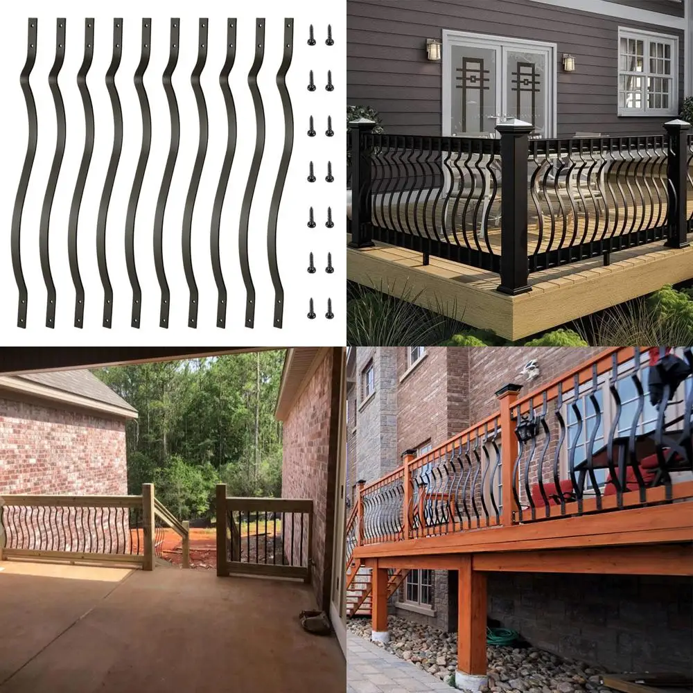 36 Metal Deck Spindles, Heavy-Duty Railing, Wave Arc Balusters, Black Screws, Suitable for Outdoor Stairs and Porches