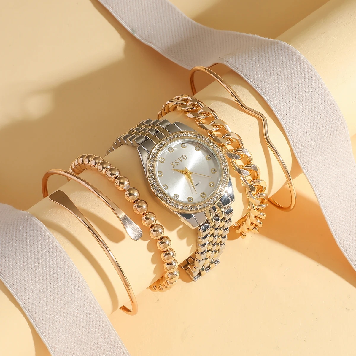 No gift box New style steel strap light luxury fashion quartz wristwatch   pearl string bracelet 5 pieces set