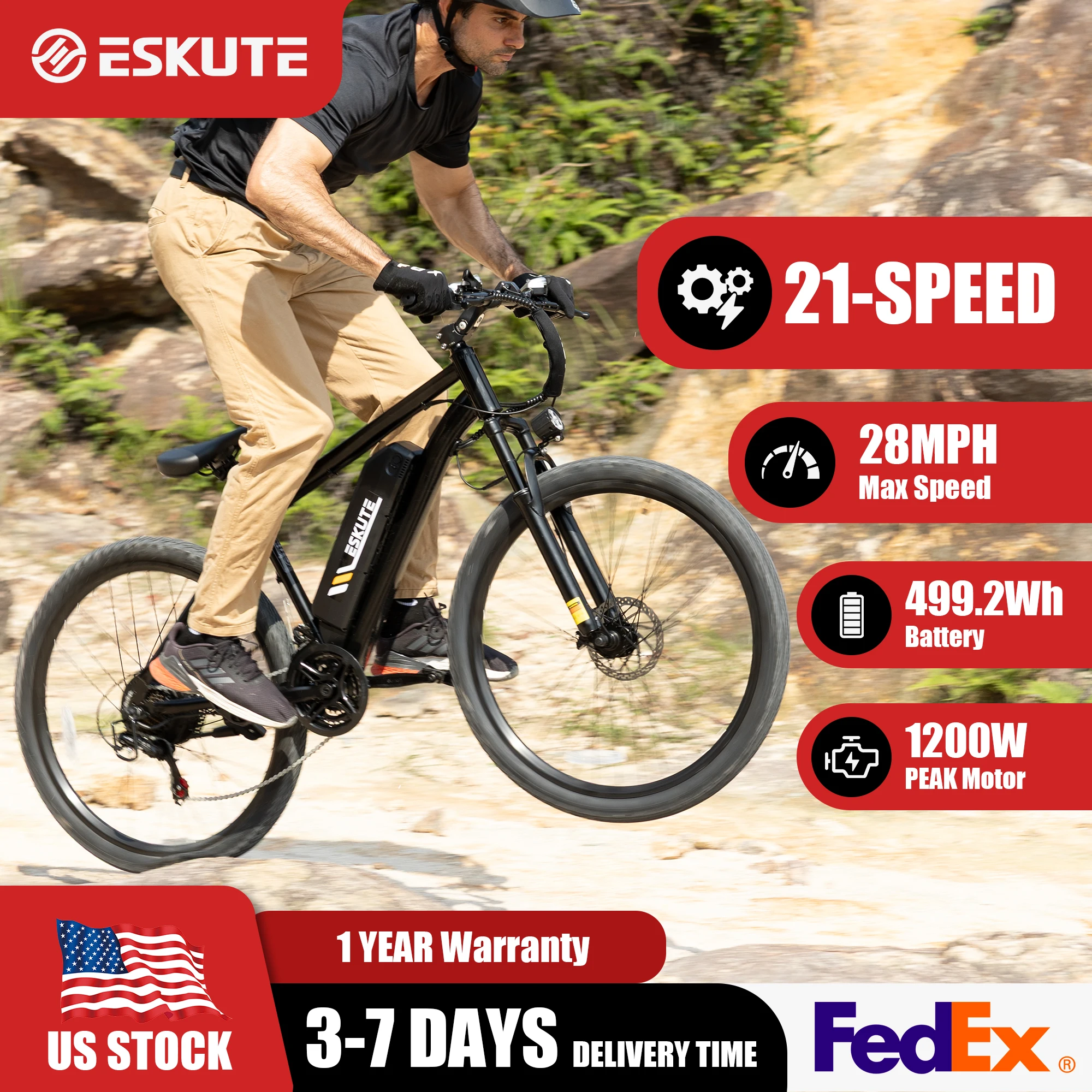 ESKUTE M200 Electric Bicycle  – 21-Speed Gear 27.5" Mountain ectric Bike, 1200W Peak, 28MPH, 48V 10.4Ah Battery  E-Bike