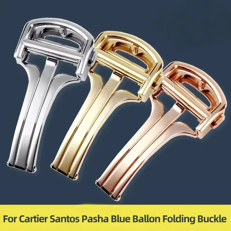 Stainless Steel Fold Buckle For Cartier Blue Ballons Pasha Santos New Double Press Folding Watch Buckle 14 16 18mm