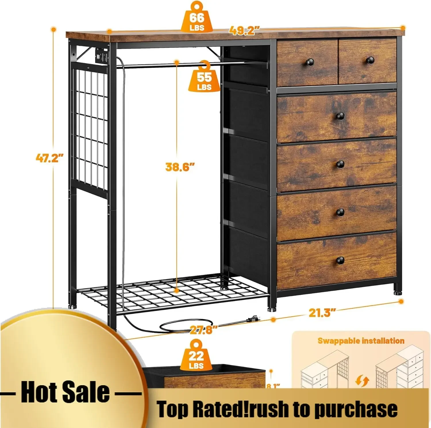 Modern Essential 49.2" W Dresser with Hanging Rack & 6 Fabric Drawers – Wooden Top Organize Unit Featuring LED Lights, Charging