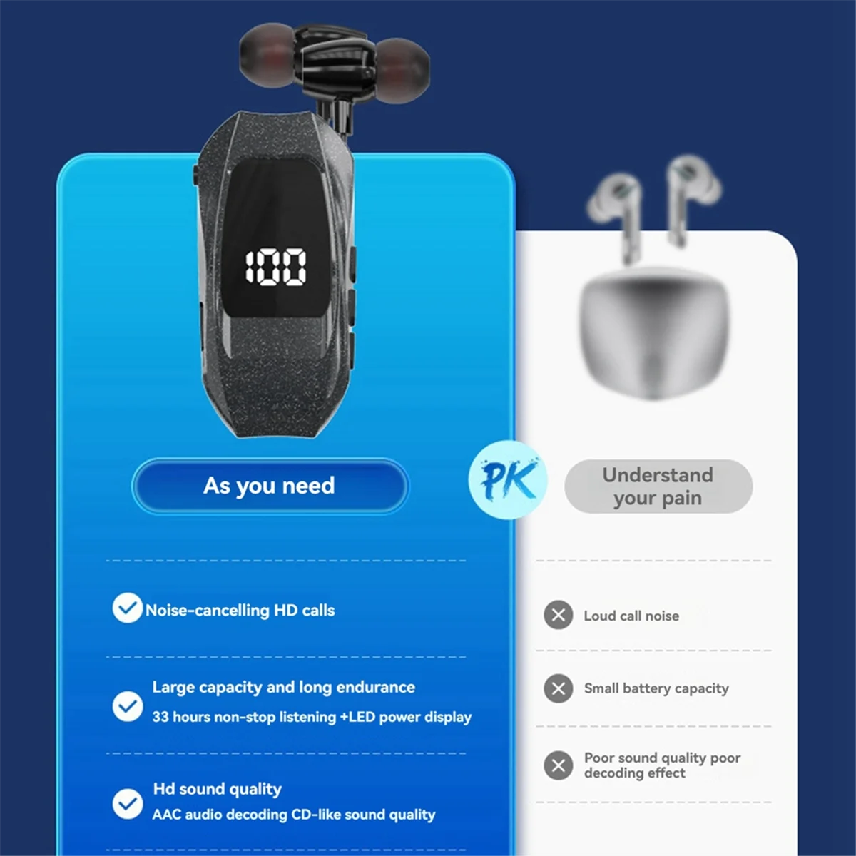 Popular Wireless Earphones Business Lavalier Earphones LED Digital Display,B