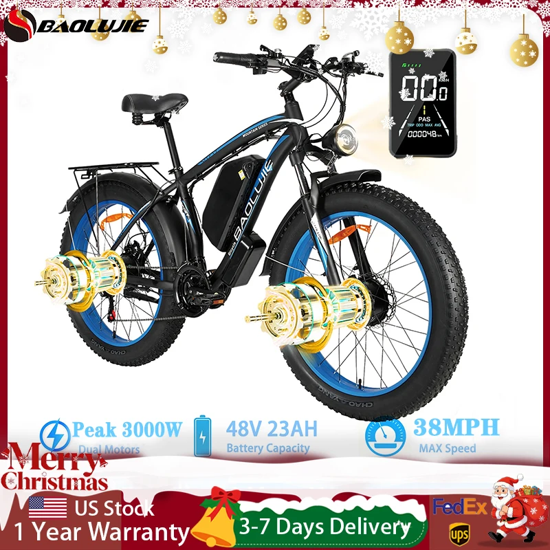 BAOLUJIE 2602 Ebikes for Adults Peak 3000W Electric Bicycle E bike 48V 23AH Dual Motor 26" Electric Bike Hydraulic Disc Brakes