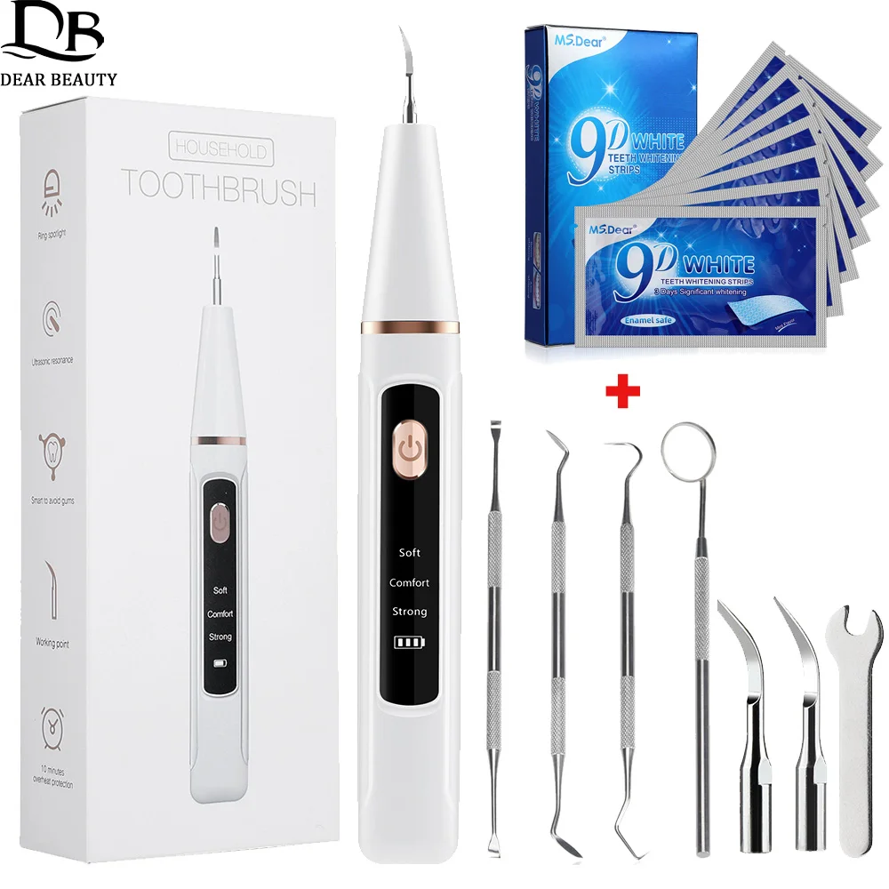 Ultrasonic Dental Calculus Remover And 9D Teeth Whitening Strips Plaque Scaler Tartar Eliminator Electric Tooth Cleaner Set