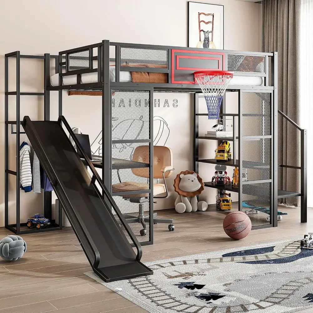 Full Size Metal Loft Bed with Desk, Wardrobe, Basketball Hoop, Slide, and Staircase - Space-Saving for Kids and Families (Black)