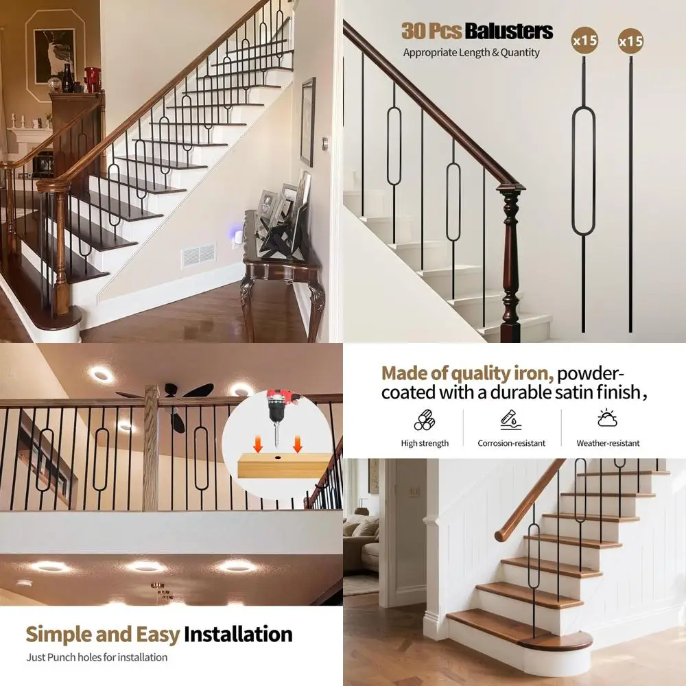 Set of 30 Iron Stair Balusters, 44 Satin Black Metal Railing, 15 Oval & 15 Straight