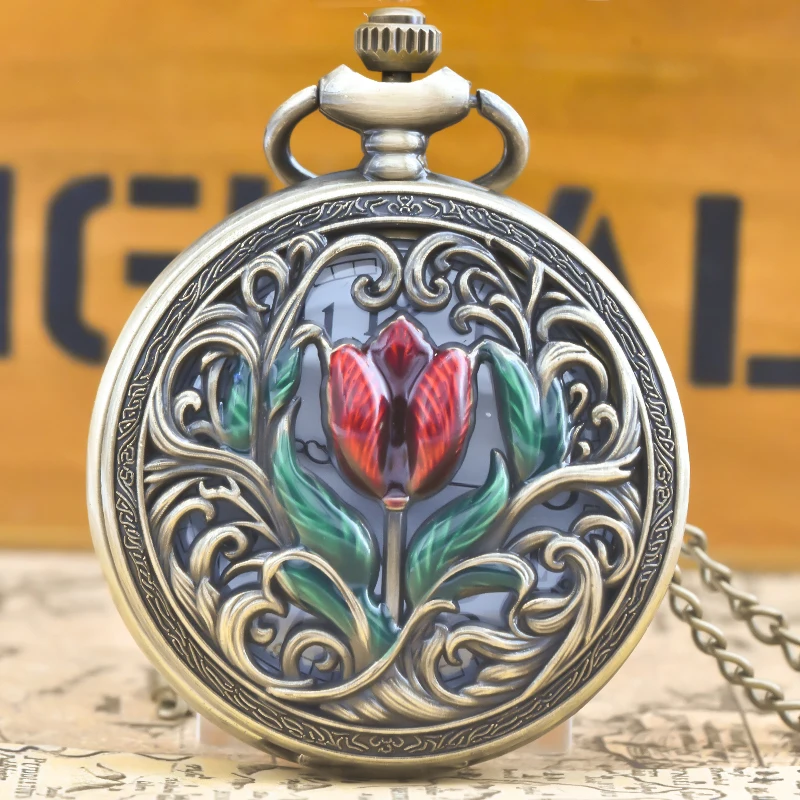 Retro Bronze Steampunk Floral Carving Flip-Top Male And Female Student Gift Quartz Necklace Commemorative Pocket Watch