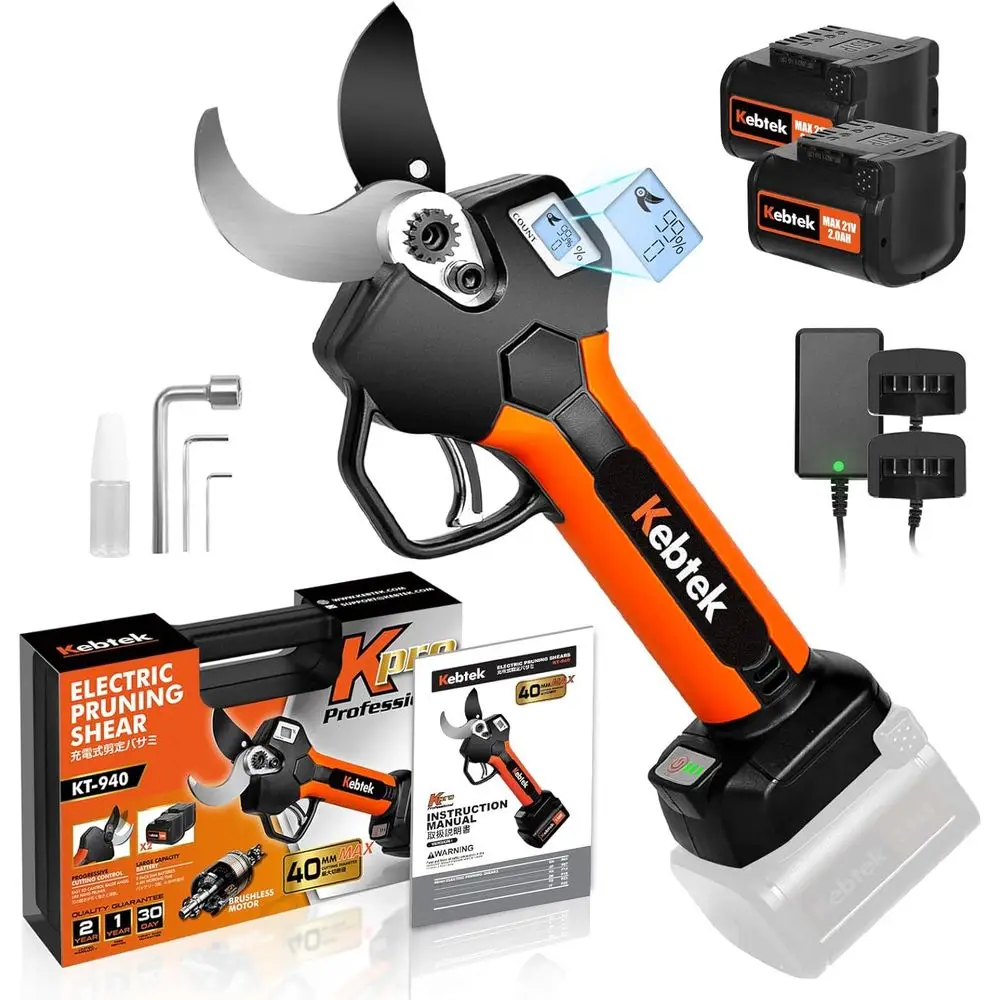 Cordless Electric Pruning Shears 40MM, Professional Pruning Shears Battery Powered 18V Brushless Motor 2Pack 2AH Rechargeable Ba