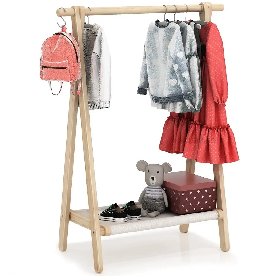 Dress up Rack, Child Garment Rack, Kids Clothing Rack with Storage Shelf Natural Beech, 29.5 L x 14.5 W x 40 H