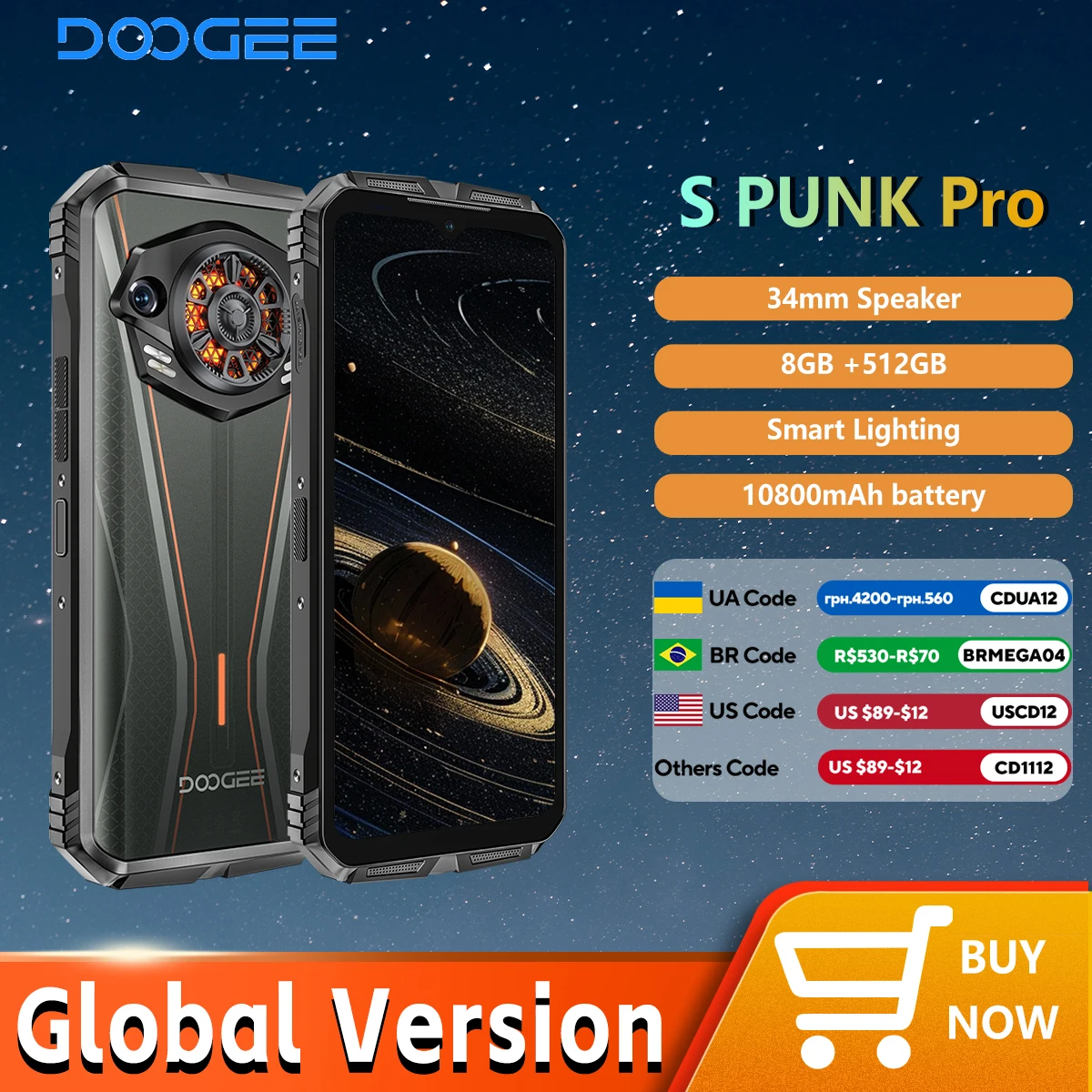 DOOGEE S PUNK PRO Smartphone 6.6" FHD+ 90Hz Android 14 20GB+12GB RAM 512GB ROM 10800mAh 33W Fast Charge 50MP AI Camera 128dB Spe