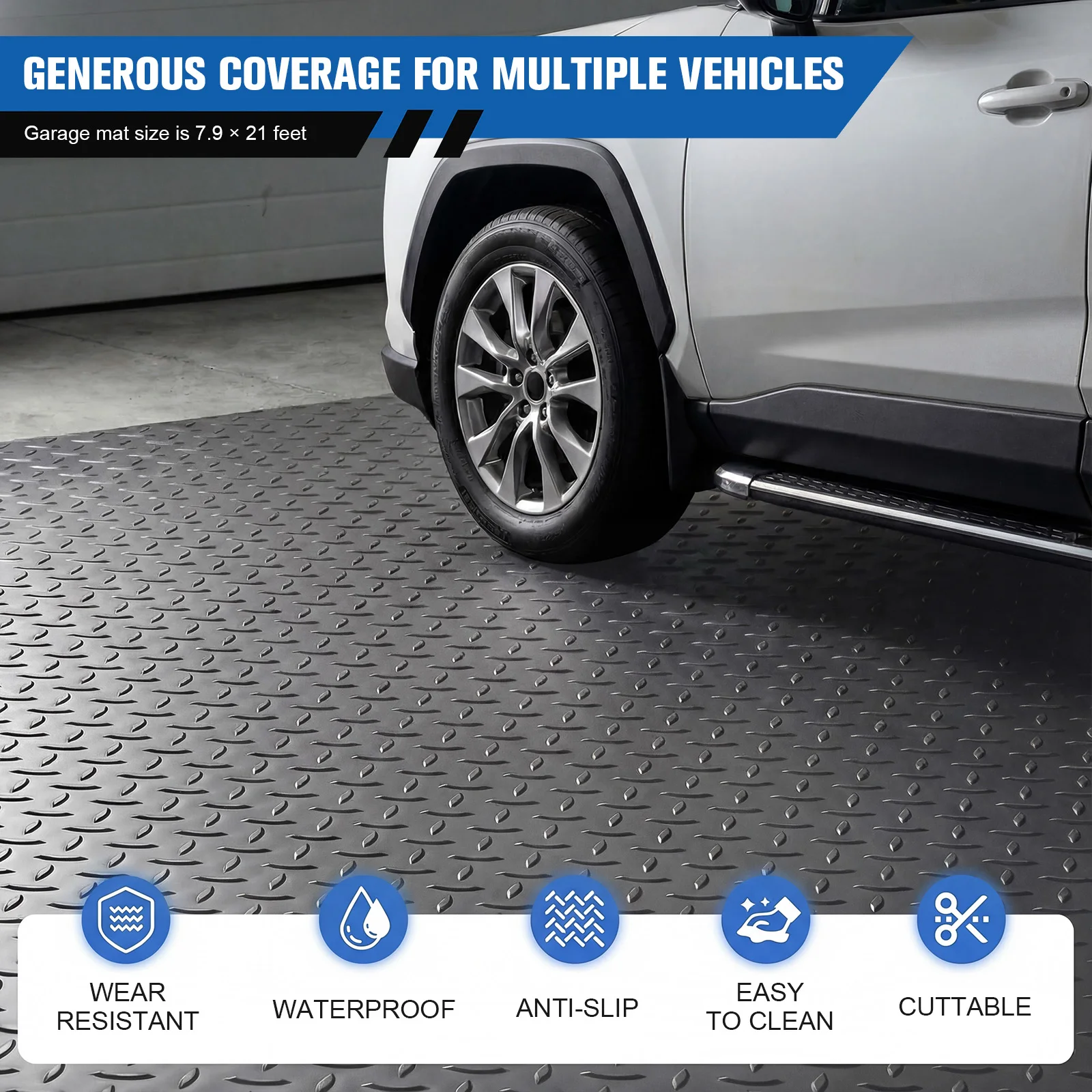 7.9x21/32.8 FT Golf Cart Parking Mat 2.5mm Floor Runner Diamond Plate PVC for Truck Trailer SUVs Van Golf Cart Motorcycle