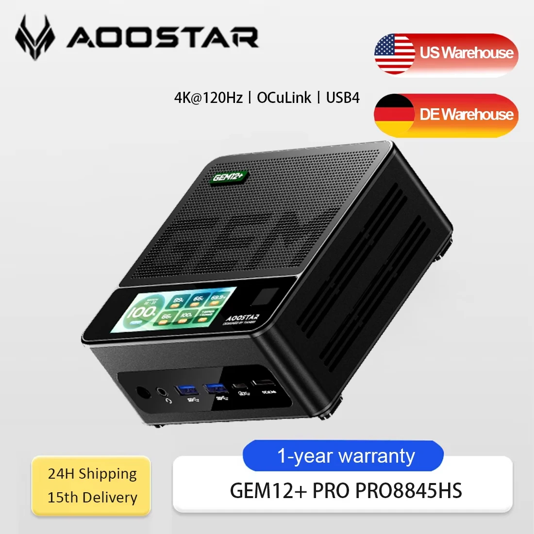 AOOSTAR GEM12+ Mini PC Ryzen 7 PRO 8845HS WiFi6 BT5.2 32GB DDR5 1TB SSD USB4 OCuLink Desktop Gaming Computer Mini PC Gamer