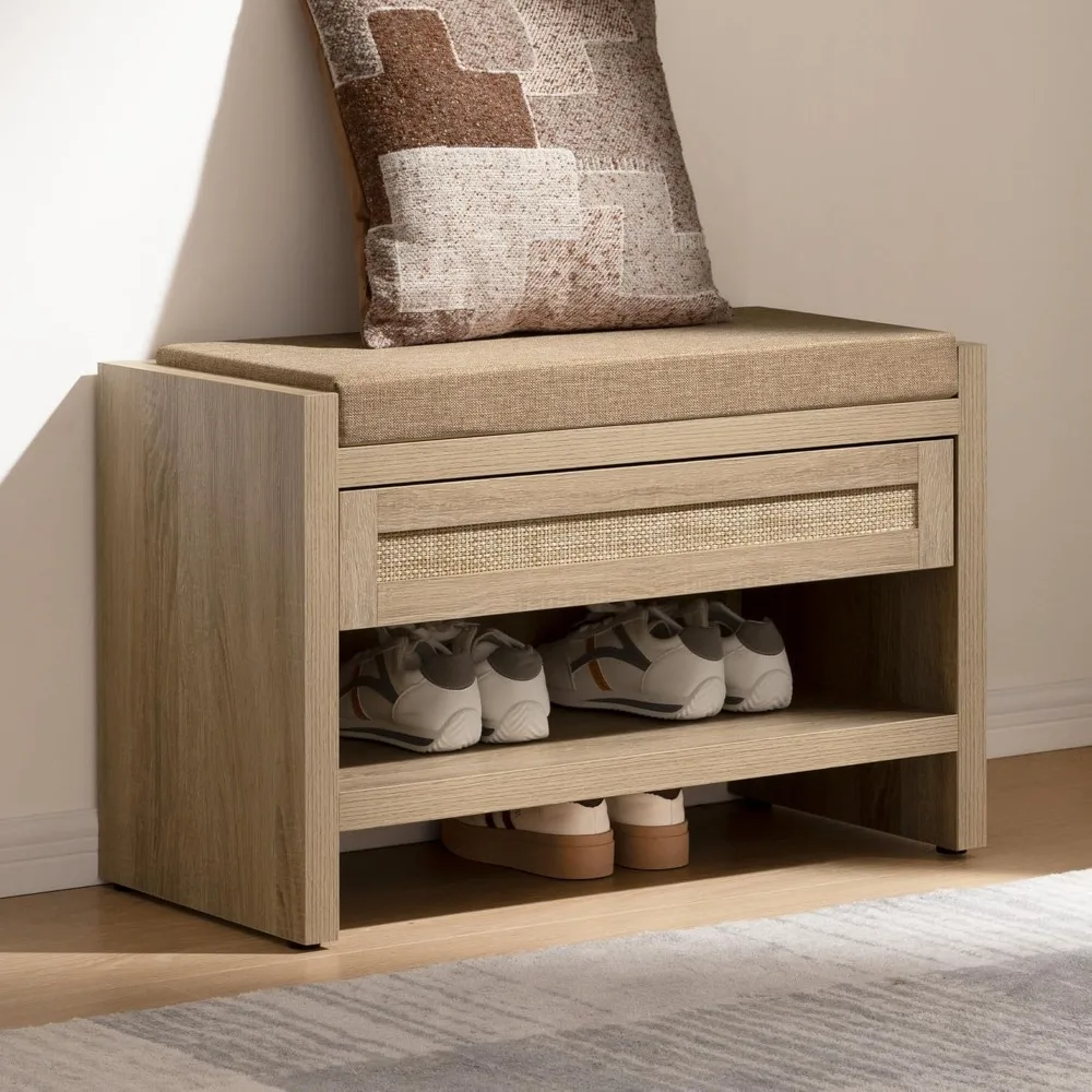 Rattan Shoe Bench Entryway Bench with Storage Drawer and Linen Seat Cushion, Farmhouse Boho Shoe Rack Bench