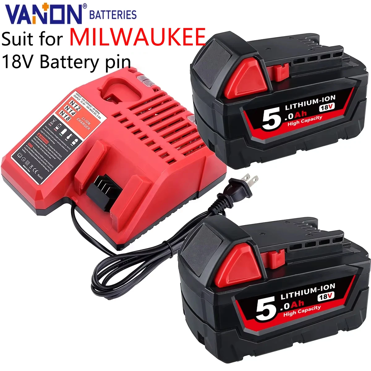 Vanon 2Pack M18 5.0Ah 18V MAX Battery and M12-18C Charger 48-11-2420 48-11-2411 ool Battery Replace for MIL-WAU-KEE Battery pin