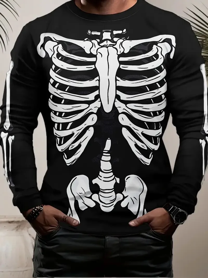 The new men's long-sleeved T-shirt for Spring and Autumn 2025 is casual and comfortable with 3D skeleton pattern printing