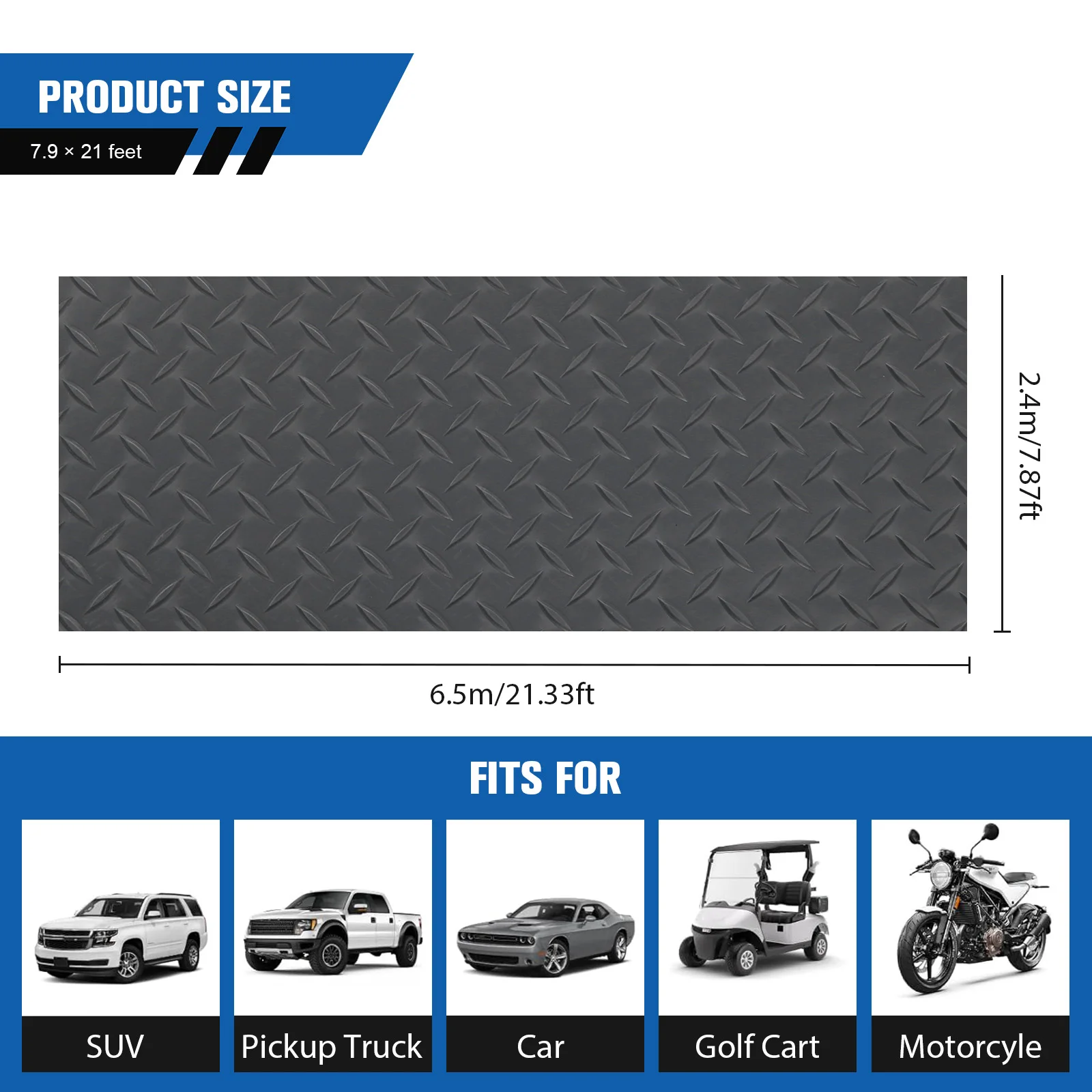 7.9x21/32.8 FT Non-Slip Floor Mat 2.5mm Golf Cart Parking Mat Diamond Plate PVC for Truck Trailer SUVs Van Golf Cart Motorcycle