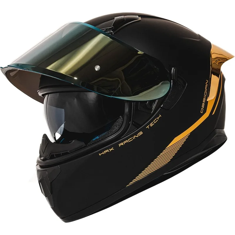 HAX Obsidian Full Face Dual Visor Adult Motorcycle Helmet for Motorbike  Bike with Pinlock Ready DOT Approved Matte Black Gold M