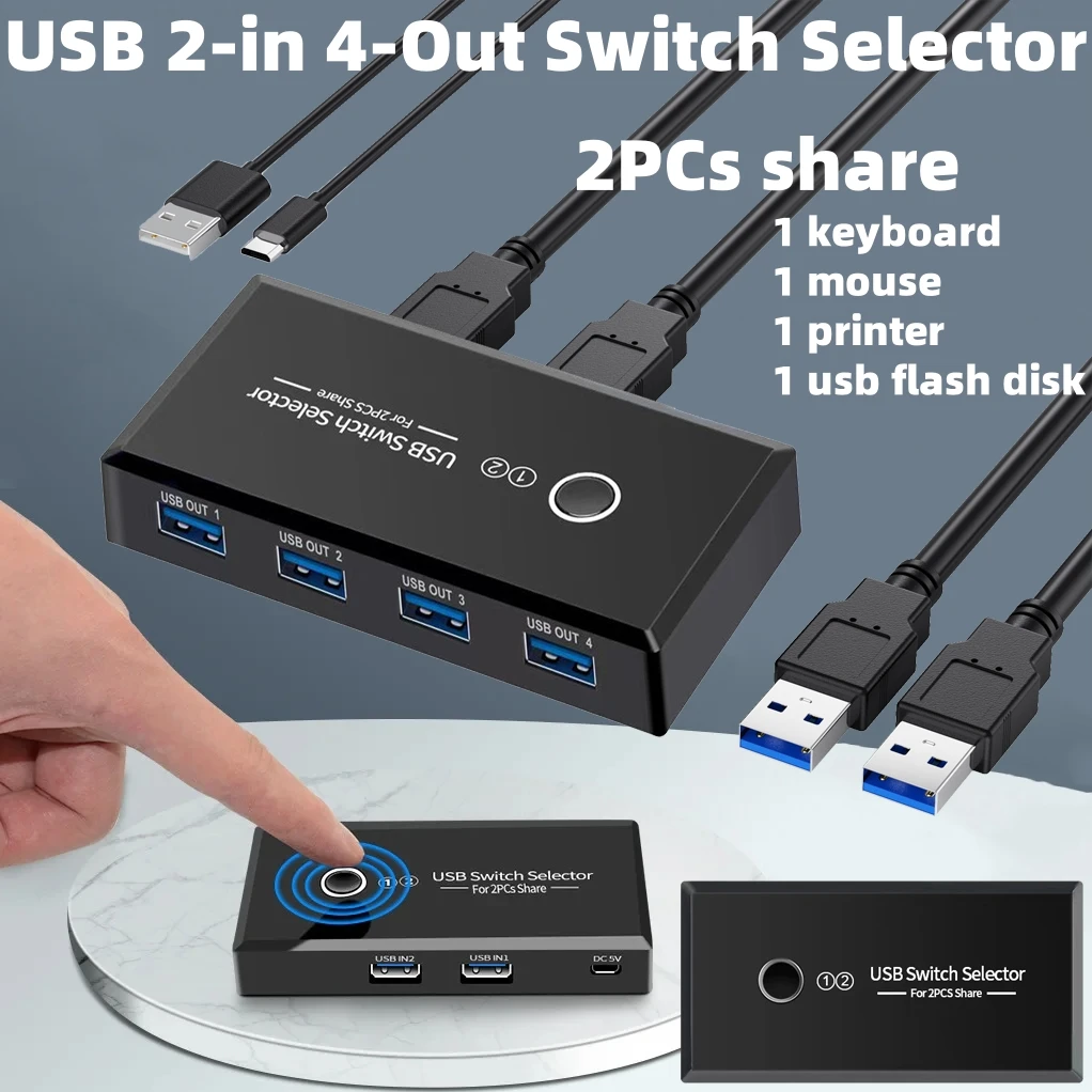 USB 2.0/3.0 KVM Switch Selector 2-in-4 Out Hub Share 1 Keyboard/Mouse/Printer/U Disk Between 2 PCs Plug & Play for Win/Mac/Linux