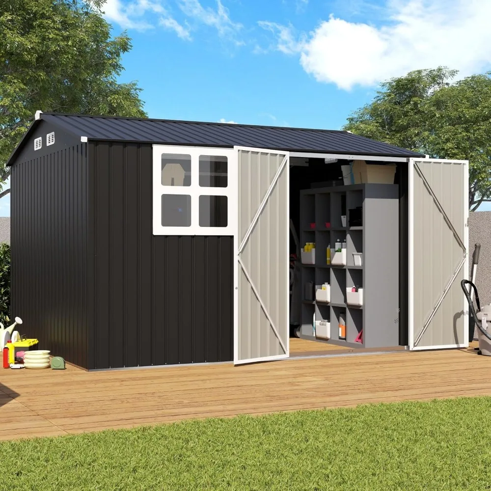 10x8FT Outdoor Storage Shed, Large Galvanized Steel Metal Garden Shed with Window, Lockable Double Door, Outdoor Tool Shed for