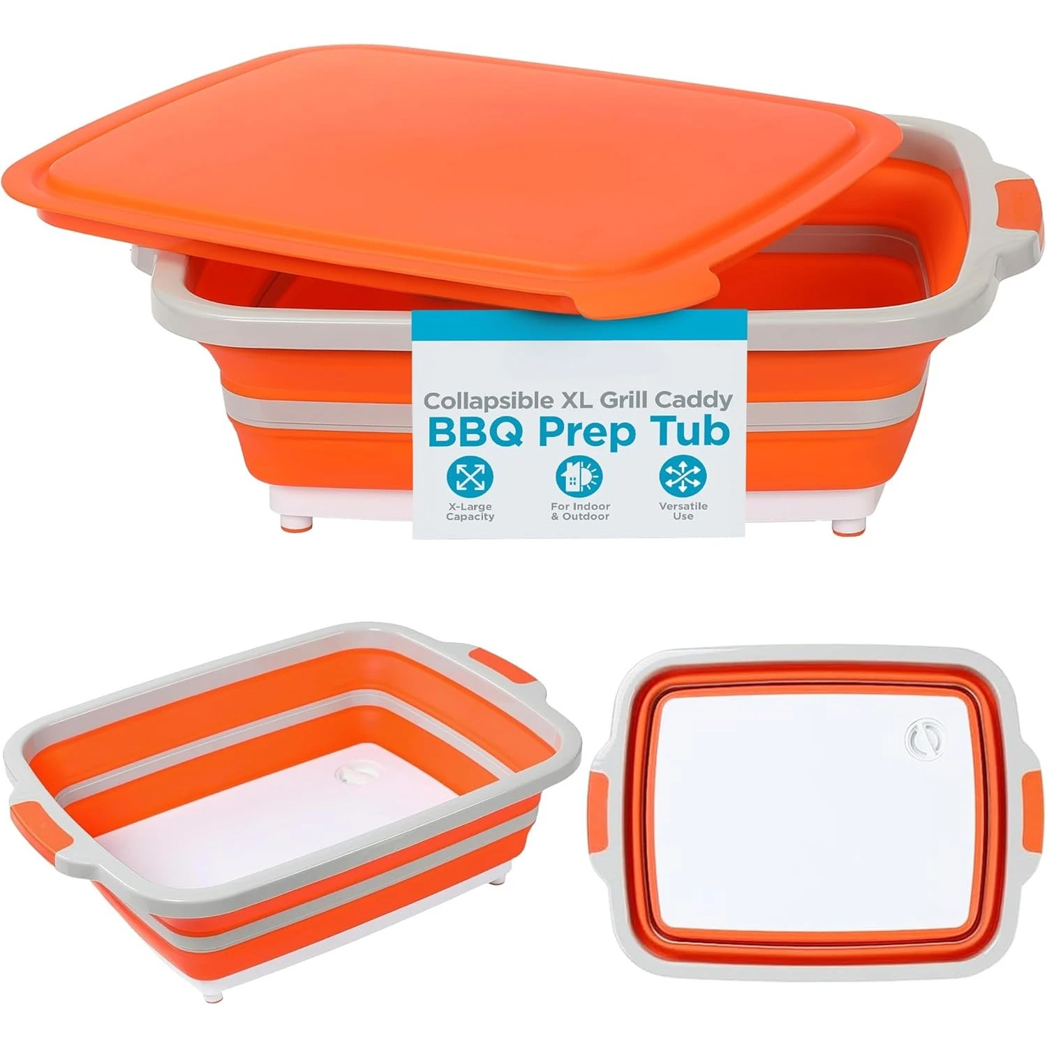 Collapsible XL BBQ Prep Tub w/Cutting Board, Multi-Function Grill Caddy w/Colander & Lid, Portable Silicone Dish Bowl for Picnic
