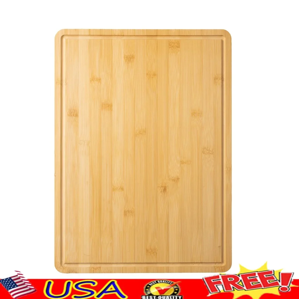 Non-Slip Bamboo Cutting Board with Juice Groove Durable Eco-Friendly Kitchen Prep Board Easy to Clean with Built-In Handles
