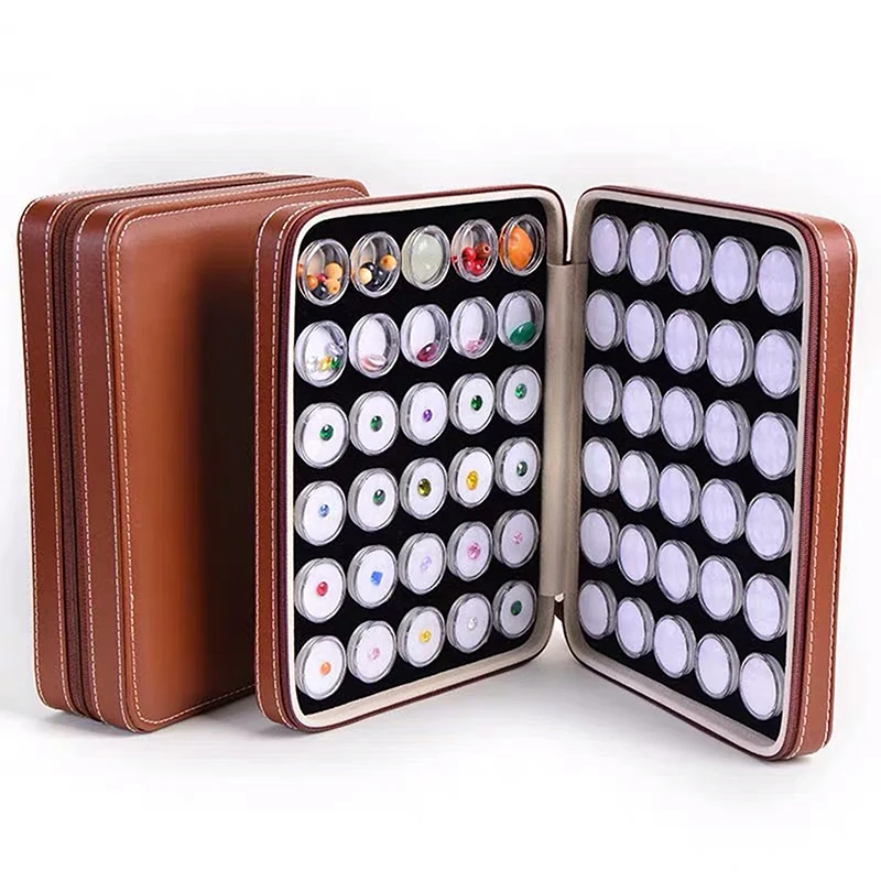 Loose Gemstones Jewelry Display Box Beads Organizer Container Round Gem Box PU Leather Diamond Exhibition Storage Carrying Case