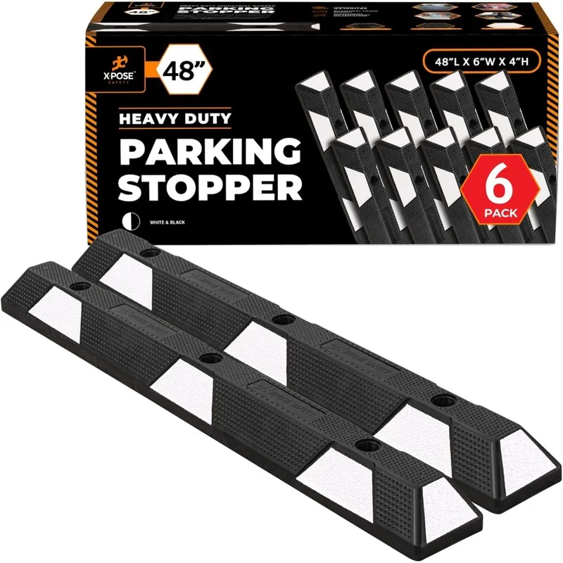 Xpose Safety Parking Stopper for Garage - 48" Heavy Duty Rubber Car, Bumper Stop for Floor, White Reflective Strips, Removable D