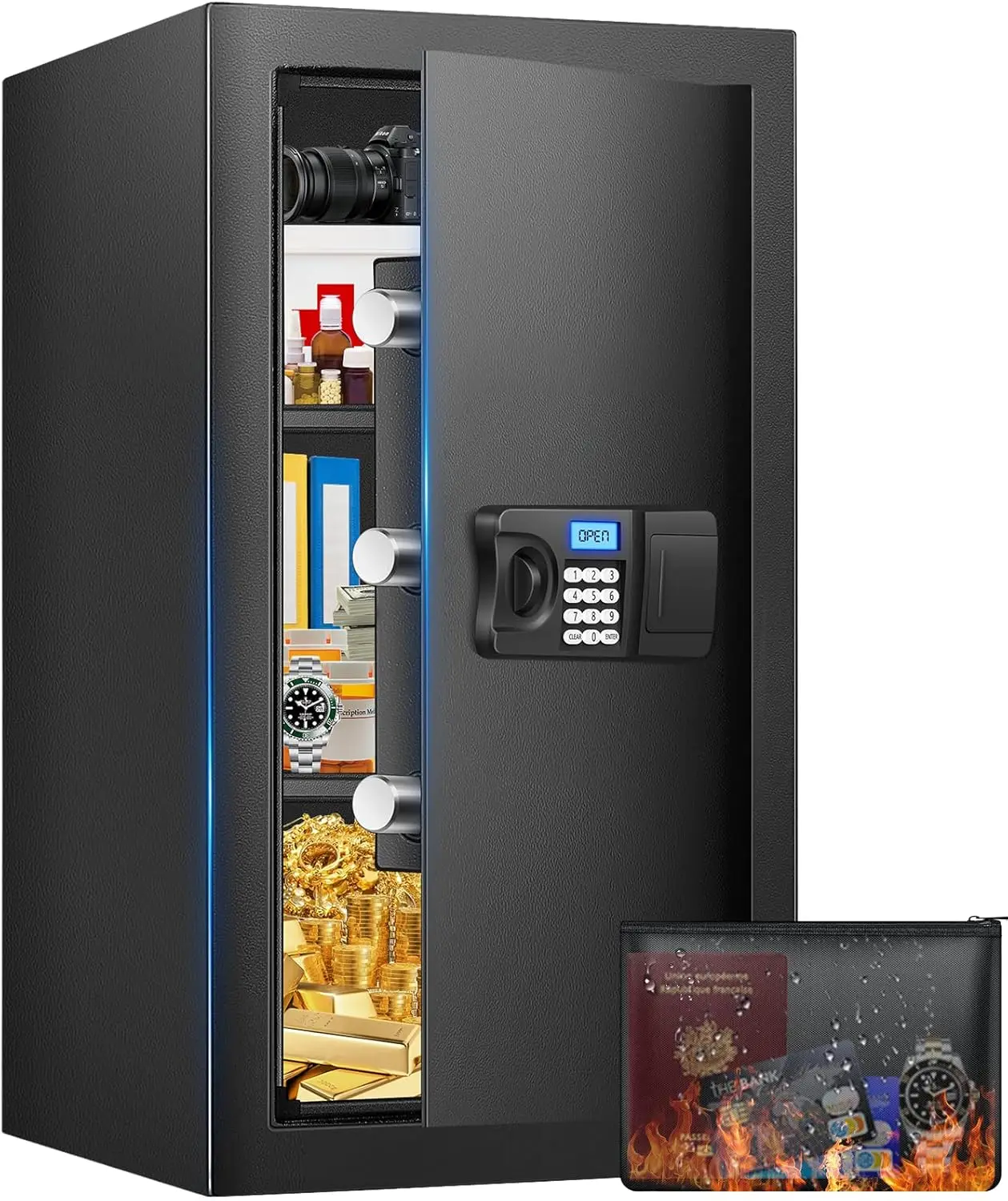 Safe Box, 4.3 Cuft Fireproof Home Safe with Fireproof Waterproof Bag, Anti-Theft Digital Security Safes with Smart Alert System,