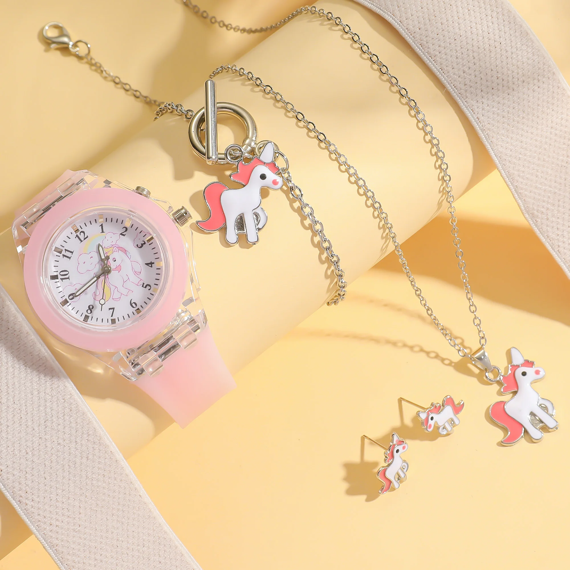 Four-piece set of unboxed watches and pink ponies for girls, suitable for festivals and birthday gifts