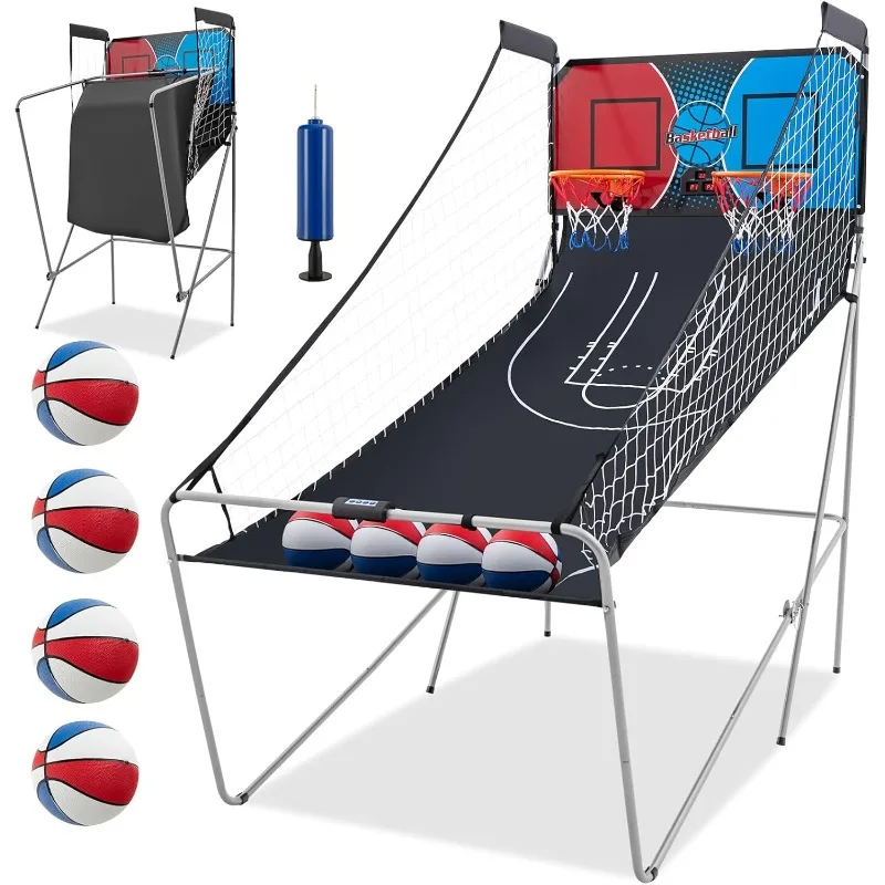 Goplus Foldable Dual Shot Basketball Arcade Game, Electronic Basketball Hoop Game w/LCD Scoreboard, 8 Game Modes, 4 Balls
