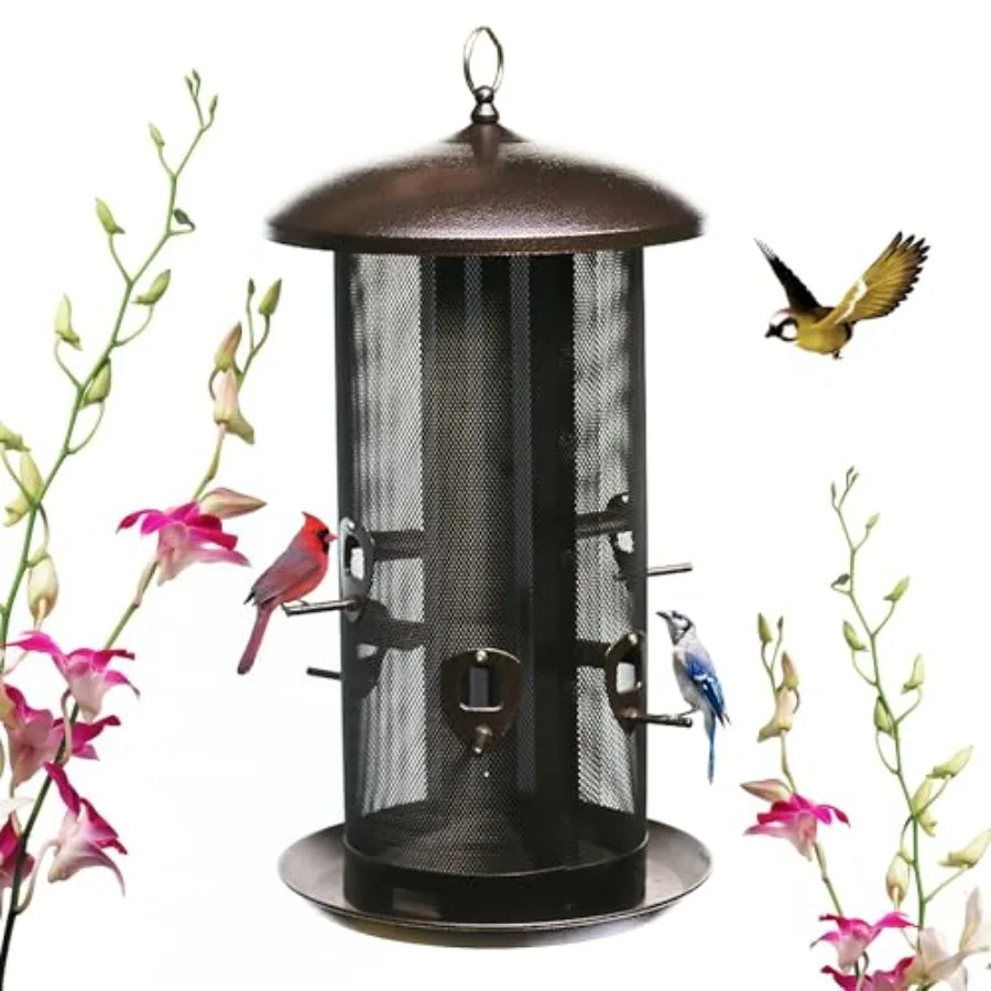 Metal Hopper Bird Feeder Dual Seed Compartments 10 Feeding Ports Holds 10lbs Seed Attracts Cardinals Titmice Nuthatches
