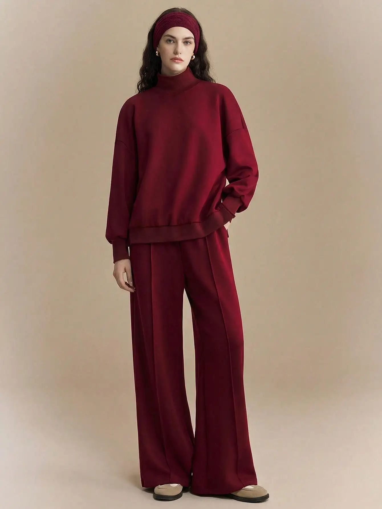 Burgundy 2-Piece Set: High Neck Long Sleeve Top & Wide Leg Pants, Minimalist Urban Casual Style