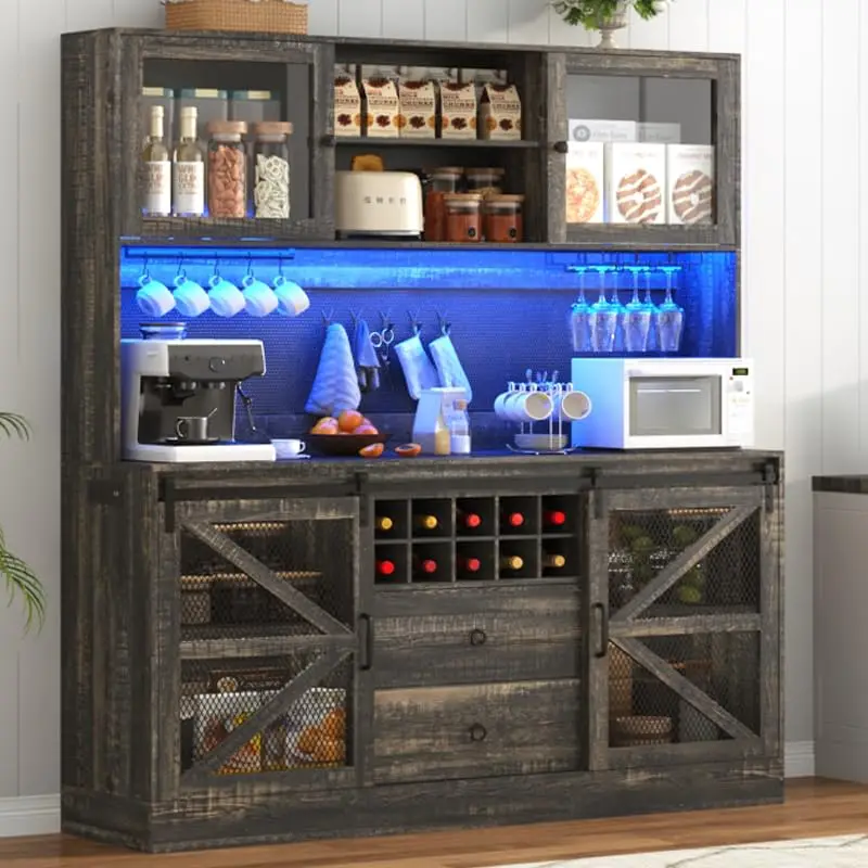 63"Wide 74"H Farmhouse Coffee Bar Cabinet w/ LED Light,Wine Bar Cabinet w/ Storage Hutch,Pegboard,Drawers,Kitchen, Customized