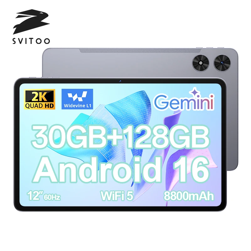 SVITOO Tablet Android 16 2026 12 Inch 2K Display Unisoc T615 30GB RAM 128GB ROM 8800mAh Battery WiFi 5 BT 5.0 GPS Widevine L1