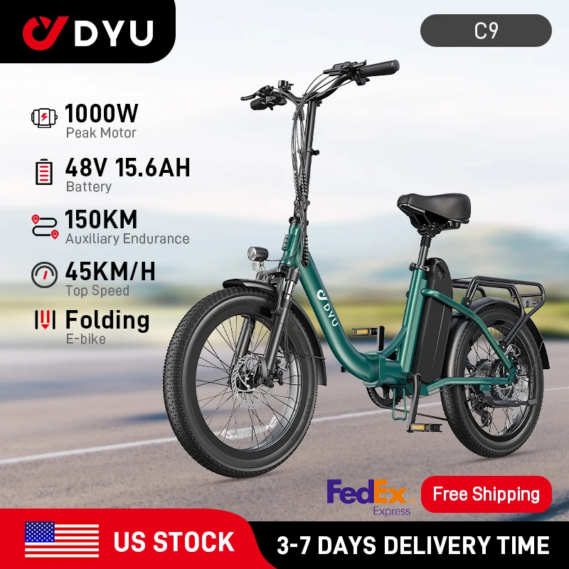 DYU C9 Electric Bicycle Peak 1000W Motor 48V15.6AH Lithium Battery Electric Bike Hydraulic Brake 20*3.0 Inch Fat Tire E-bike