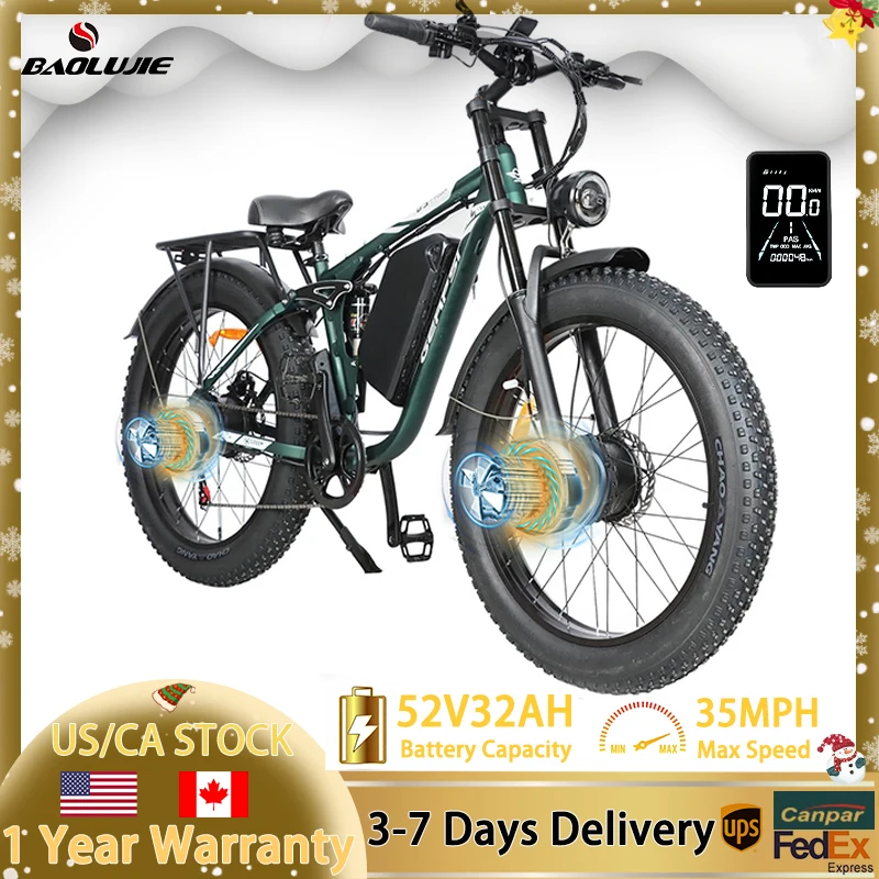 BAOLUJIE 3000W 26" Tire Electric Bike,52V 32AH Removable Battery 35MPH 7-Speed Adult EBike, Dual-Shock Absorption EBike Off-Road