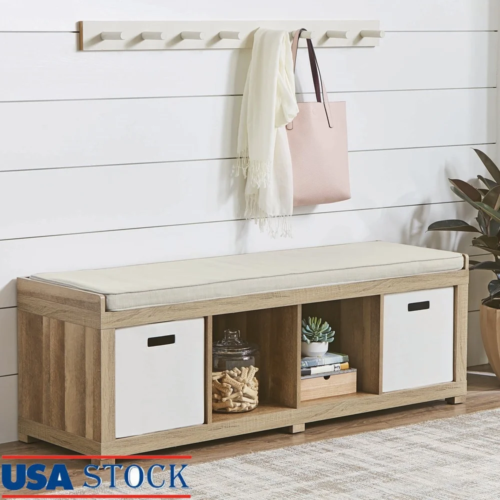4-Cube Shoe Storage Organizer Bench with Cushion Multi-Purpose Seating Storage Hallway Mudroom Living Room Playroom