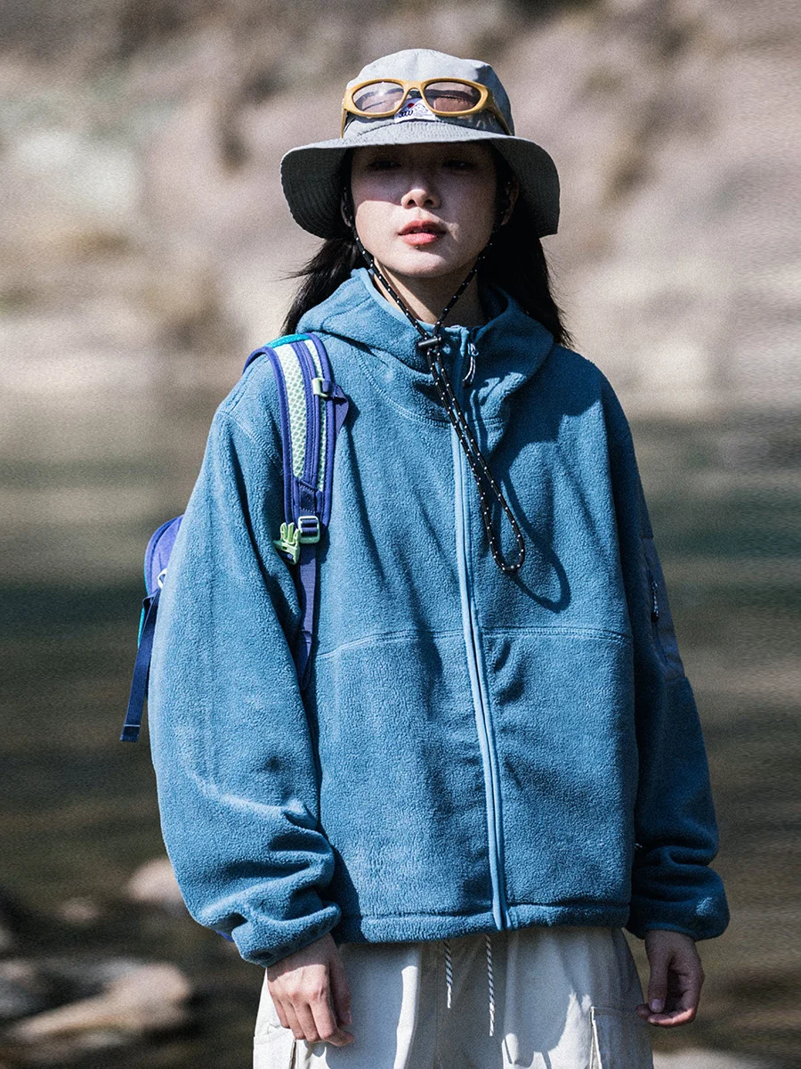 MountainValley Retro Hooded 340G Fce Warmth Cardigan Sweatirt ex Climbing Jaet Street Sle Loose Fit Regular Length