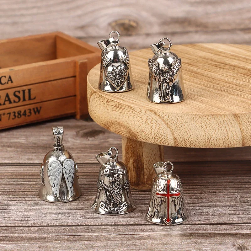 Lucky Bell Keychain Vintage Cross Angel Wings Motorcycle Ride Punk Motorcycle Rock Boy Party Amulet Exorcism Jewelry