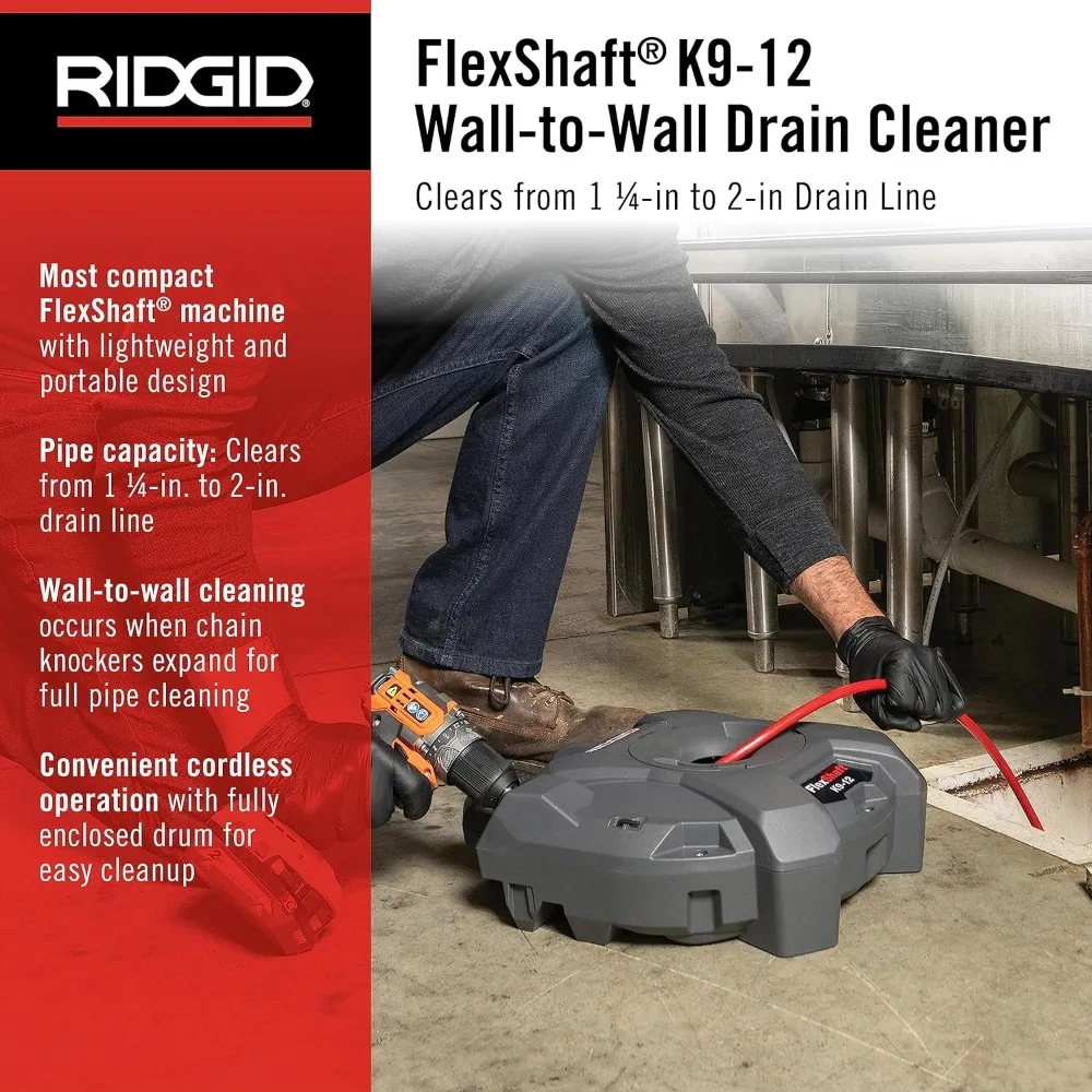 74978 K9-12 FlexShaft 1/4" x 30' Wall-to-Wall Professional Drain Cleaning Machine, Compact Drain Cleaner for 1-1/4" to 2" Pipes