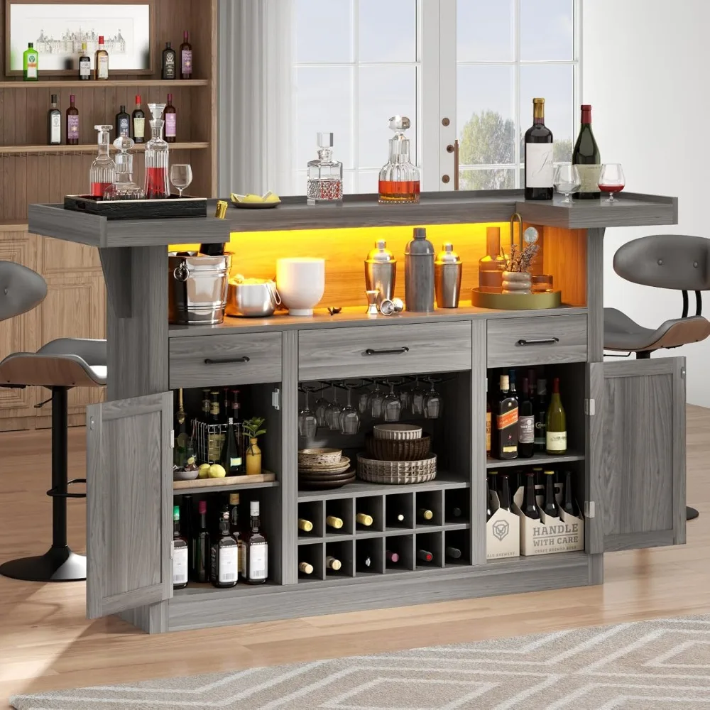 Bar Table Cabinet with LED & 3 Drawers,Liquor Bar with Adjustable Storage Shelves & Stemware Holders,Crescent Shaped Counter fo