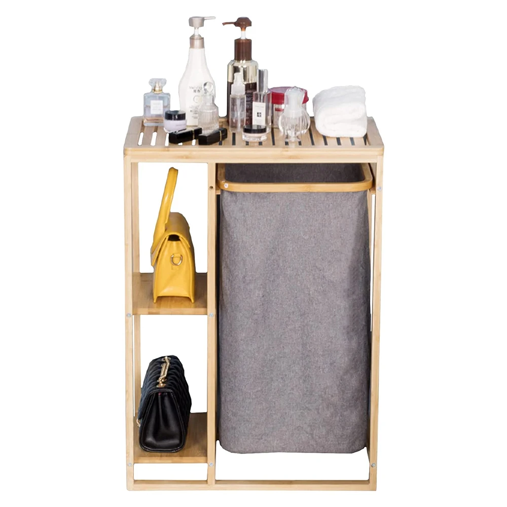 Independent laundry storage cabinet  sliding bag  double  shelf  bamboo  basket table