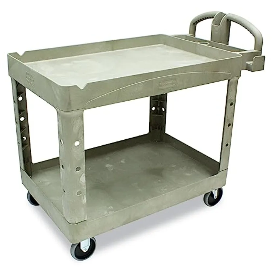 BRUTE Heavy Duty 2-Shelf Utility/Service Cart Medium Lipped Shelves Ergonomic Handle 500 lbs. Capacity Beige for Warehouse/Gara