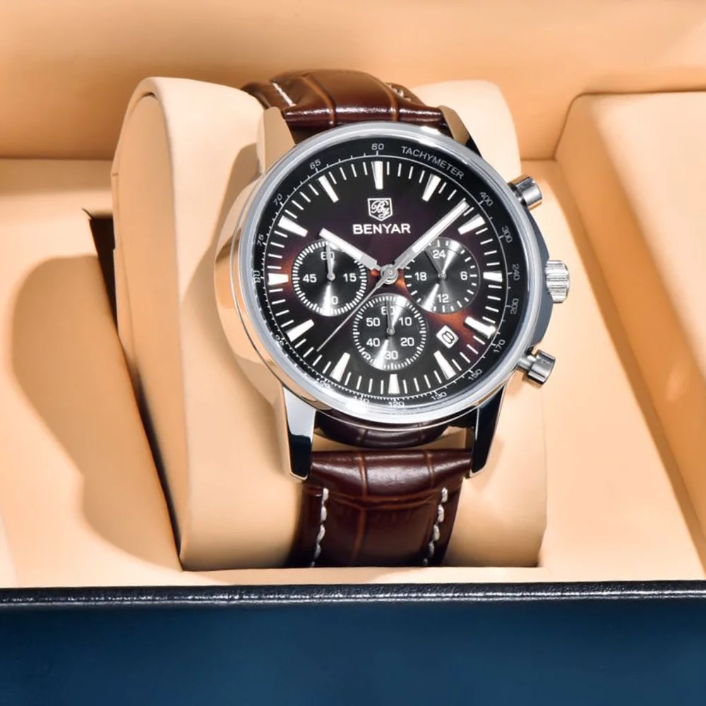 BENYAR new 46MM men's top brand business quartz timing code watch waterproof sports men's quartz watch gift box packaging