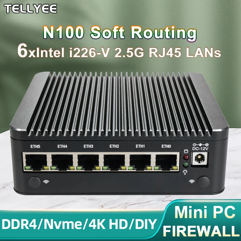 Intel N100 Soft Router 6 Lans i226-V 2.5G Fanless Mini PC COM HD DP USB Type-C pfSense Firewall Appliance OPNsense ESXi Computer