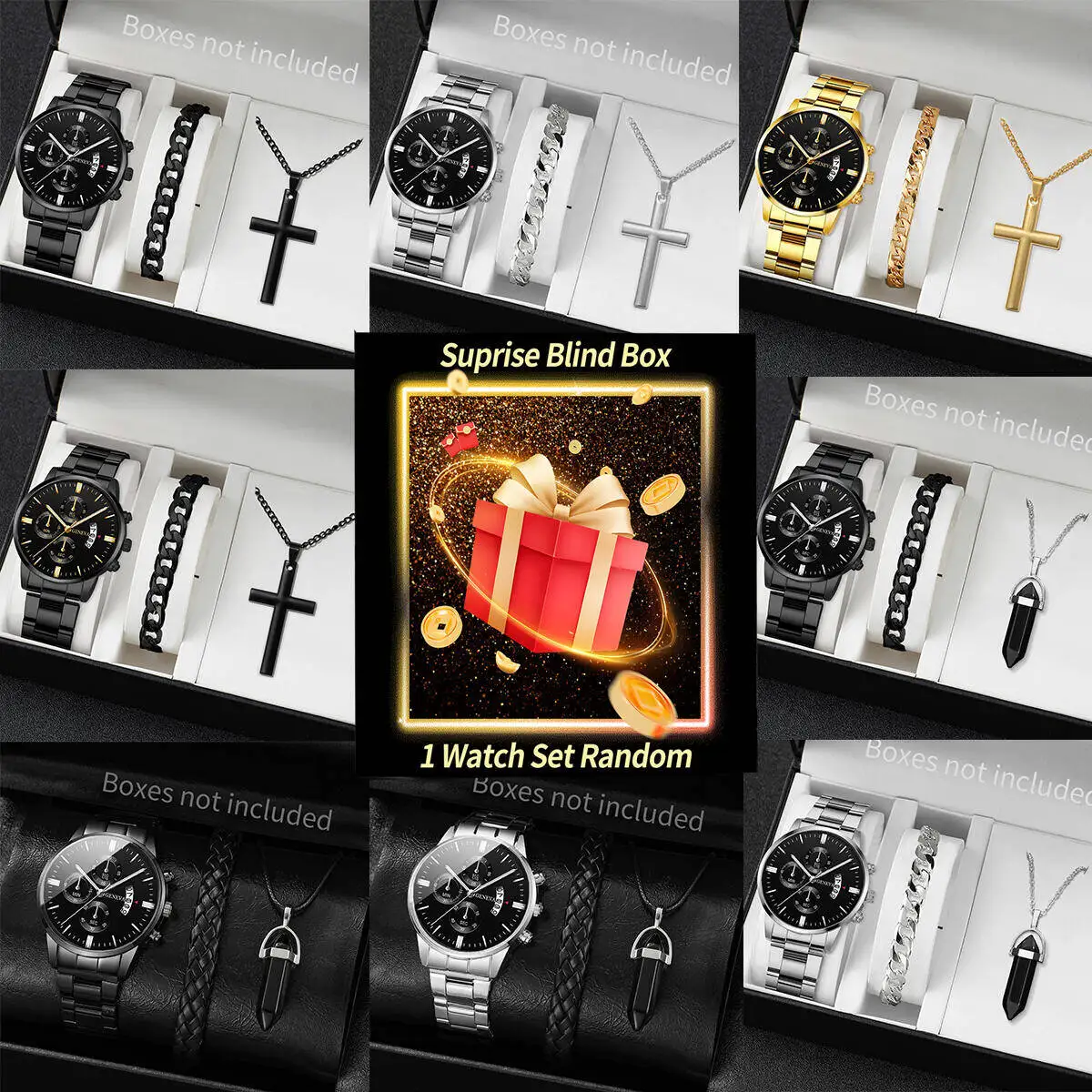 Surprise Mystery Watch Blind Box-3PCS/Set Fashion Men's Calendar Quartz Watches Jewelry Set Reloj Hombre（Without Box）